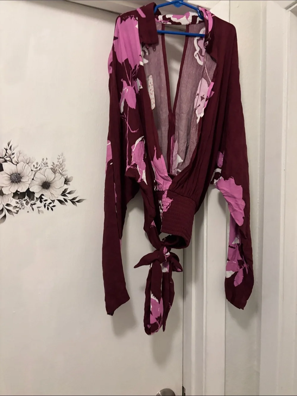 Free People Plum Floral Wrap Blouse with Pink Print